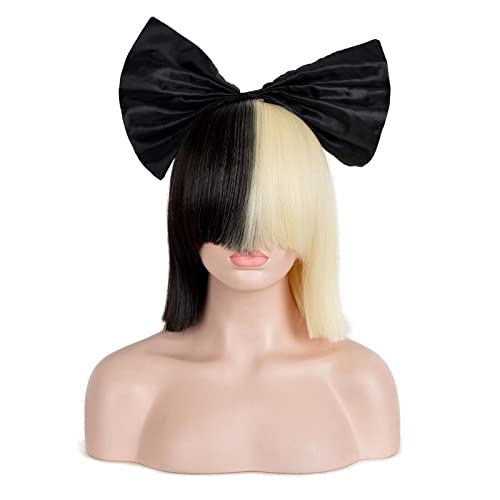 35cm SIA Anime Synthetic Hair Half Black and Blonde Ombre Short Straight Flat Bangs Heat Resistant Cosplay Full Wigs For Women OneSize Withbowknot von RUIRUICOS