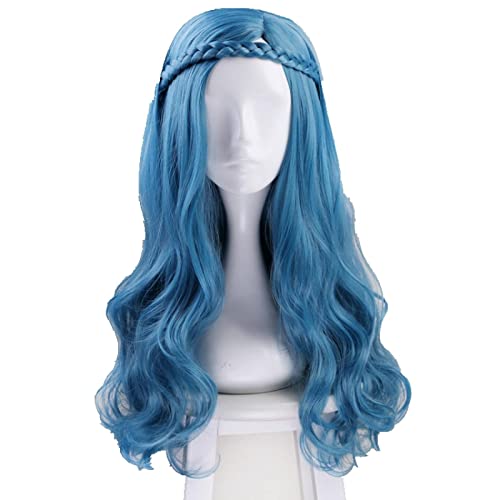 60cm Descendants 2 Evie Blue Long Wavy Wig Cosplay Costume Women Synthetic Hair Party Role Play Wigs + Wig Cap OneSize Blue von RUIRUICOS