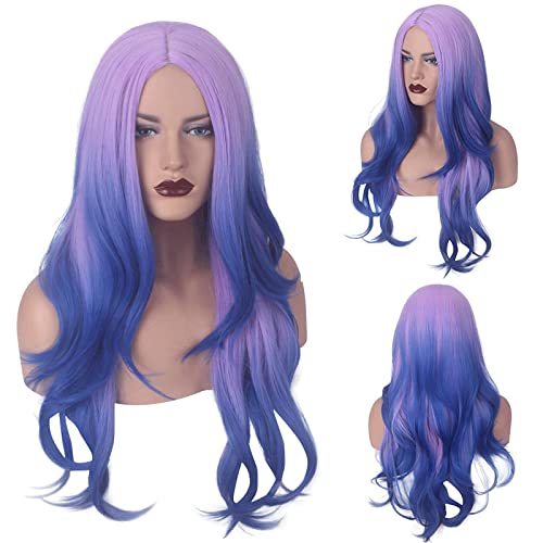 65cm Purple Blue Ombre Wig Long Wavy Synthetic Hair Halloween Costume Cosplay Wigs For Women High Temperature Fiber von RUIRUICOS