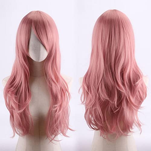 70cm Fashion Long Wavy Anime Cosplay Wig White Black Blue Red Pink Purple Blonde Synthetic Hair Halloween Party Wigs For Women OneSize pink von RUIRUICOS