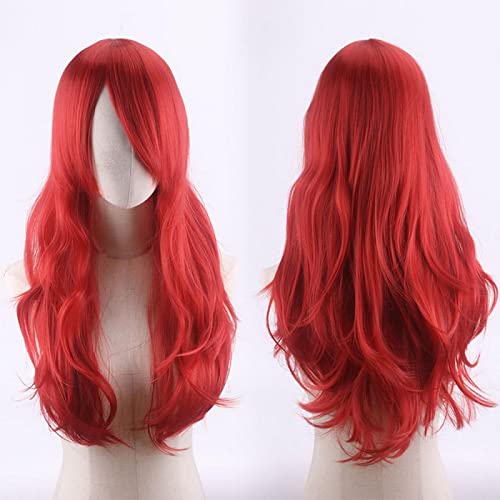 70cm Fashion Long Wavy Anime Cosplay Wig White Black Blue Red Pink Purple Blonde Synthetic Hair Halloween Party Wigs For Women OneSize red von RUIRUICOS