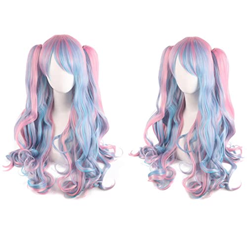 Anime Colorful Long Curly Wig With Claw Ponytail ita Synthetic Hair Black Red Auburn Pink Blue Halloween Party Wigs For Women OneSize colorful1 von RUIRUICOS