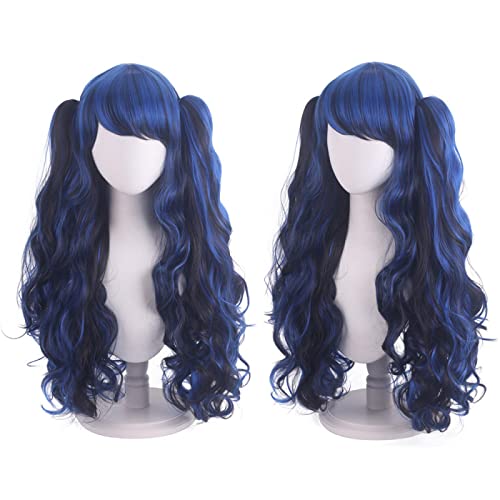 Anime Colorful Long Curly Wig With Claw Ponytail ita Synthetic Hair Black Red Auburn Pink Blue Halloween Party Wigs For Women OneSize mixblackblue von RUIRUICOS