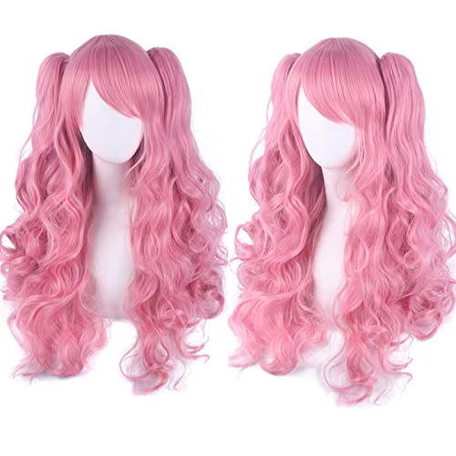 Anime Colorful Long Curly Wig With Claw Ponytail ita Synthetic Hair Black Red Auburn Pink Blue Halloween Party Wigs For Women OneSize pink von RUIRUICOS