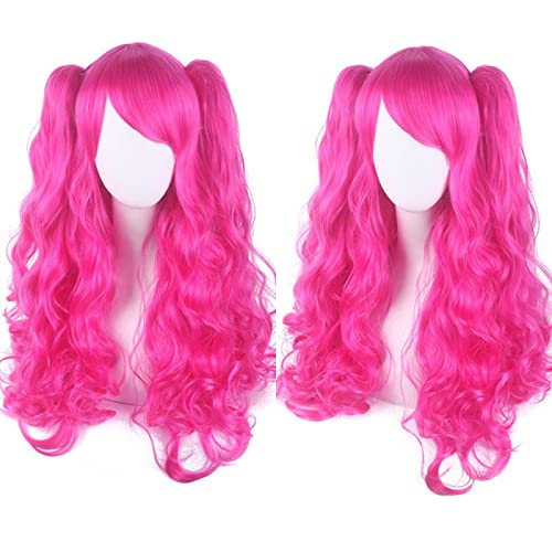 Anime Colorful Long Curly Wig With Claw Ponytail ita Synthetic Hair Black Red Auburn Pink Blue Halloween Party Wigs For Women OneSize rosered von RUIRUICOS
