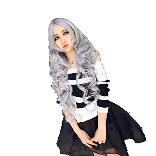 Anime Harajuku ita Silver Grey Long Curly Wig Cosplay Synthetic Hair Halloween Costume Party Wigs For Women von RUIRUICOS
