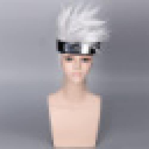 Anime Hatake Kakashi Short Cosplay Wig Silver White Heat Resistant Sythetic Hair Wigs For Men + Headband + Mask OneSize wigwithheadband von RUIRUICOS