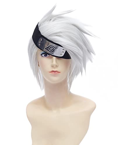 Anime Hatake Kakashi Silver White Short Cosplay Wig Synthetic Hair Perucas Halloween Costume Party Play Wigs + Wig Cap ONLY WIG von RUIRUICOS