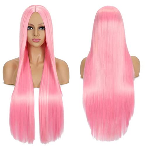 Anime Long Straight Cosplay Wig Synthetic Hair Pink Blue Red Grey Blonde Purple Black Halloween Costume Party Wigs For Women OneSize pink3 von RUIRUICOS