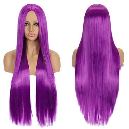 Anime Long Straight Cosplay Wig Synthetic Hair Pink Blue Red Grey Blonde Purple Black Halloween Costume Party Wigs For Women OneSize purple von RUIRUICOS