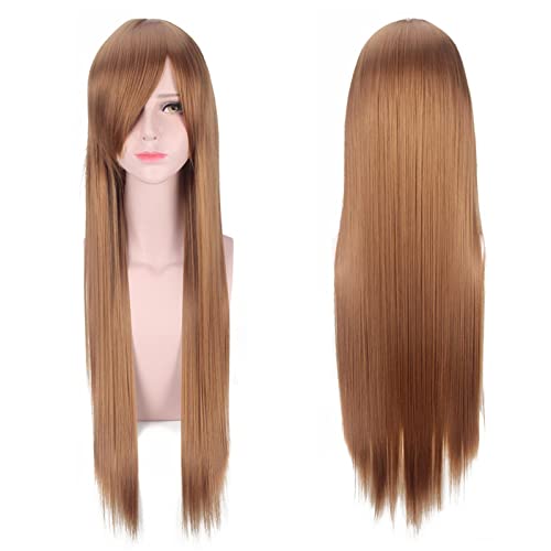 Anime Long Straight Cosplay Wig With Bangs Halloween Costume Blonde Red Black Blue Purple Grey Hair Wigs For Women OneSize brown von RUIRUICOS