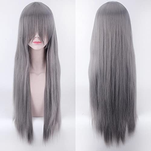 Anime Long Straight Cosplay Wig With Bangs Halloween Costume Blonde Red Black Blue Purple Grey Hair Wigs For Women OneSize grey von RUIRUICOS