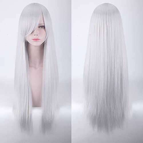 Anime Long Straight Cosplay Wig With Bangs Halloween Costume Blonde Red Black Blue Purple Grey Hair Wigs For Women OneSize silverwhite von RUIRUICOS