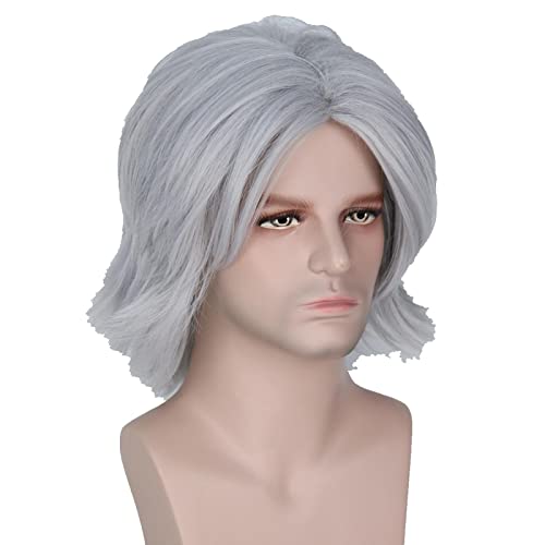 Cid Cosplay Wig Final Fantasy Men Short Silver Grey Fluffy Synthetic Heat Resistant Hair for Halloween Play Role + Wig Cap von RUIRUICOS