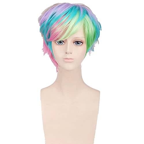 Fashion Cheap Colorful Short Man Wig Synthetic Hair Rainbow Color Halloween Costume Party Role Anime Cosplay Wigs + Wig Cap von RUIRUICOS