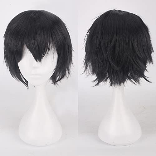 Fashion Cheap Short Cosplay Wig Men Heat Resistant Synthetic Hair Halloween Costume Party Wigs Peruca + Wig Cap OneSize black von RUIRUICOS