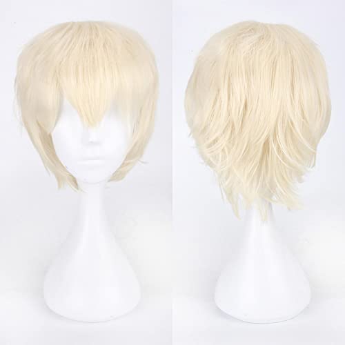 Fashion Cheap Short Cosplay Wig Men Heat Resistant Synthetic Hair Halloween Costume Party Wigs Peruca + Wig Cap OneSize lightblonde von RUIRUICOS