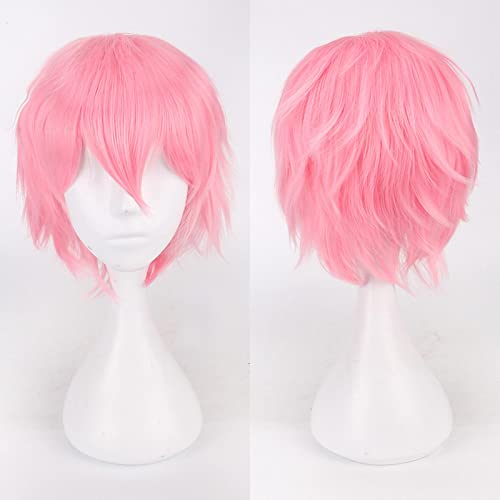 Fashion Cheap Short Cosplay Wig Men Heat Resistant Synthetic Hair Halloween Costume Party Wigs Peruca + Wig Cap OneSize pink von RUIRUICOS