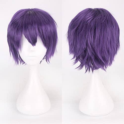 Fashion Cheap Short Cosplay Wig Men Heat Resistant Synthetic Hair Halloween Costume Party Wigs Peruca + Wig Cap OneSize purple von RUIRUICOS