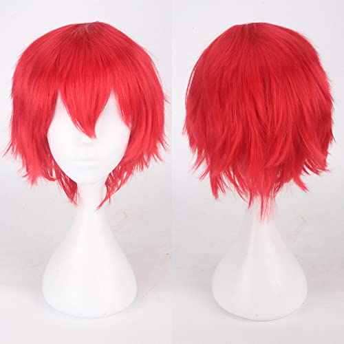 Fashion Cheap Short Cosplay Wig Men Heat Resistant Synthetic Hair Halloween Costume Party Wigs Peruca + Wig Cap OneSize red von RUIRUICOS