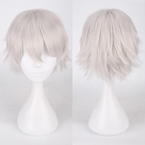 Fashion Cheap Short Cosplay Wig Men Heat Resistant Synthetic Hair Halloween Costume Party Wigs Peruca + Wig Cap OneSize silverwhite von RUIRUICOS