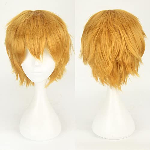 Fashion Cheap Short Cosplay Wig Men Heat Resistant Synthetic Hair Halloween Costume Party Wigs Peruca + Wig Cap OneSize yellow von RUIRUICOS