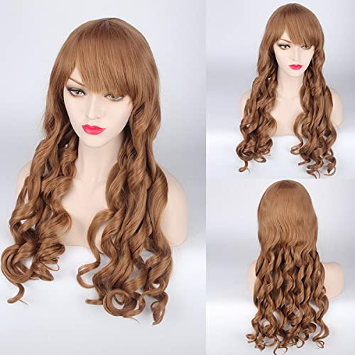 Fashion ita Long Wavy Blonde Brown Cosplay Wig With Bangs Synthetic Hair Halloween Costume Party Play Wigs For Women OneSize brown von RUIRUICOS