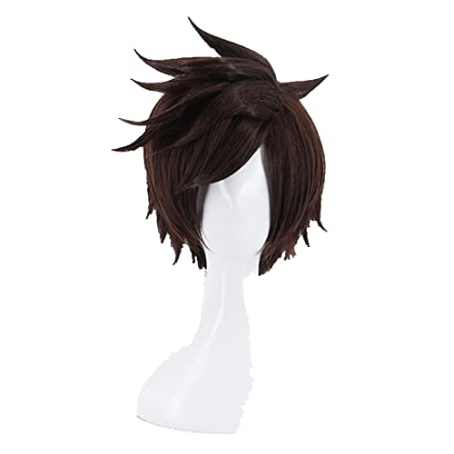 Game OW Overwatch Tracer Short Brown Cosplay Wig Synthetic Halloween Costume Party Stage Play Brown Hair Wigs von RUIRUICOS