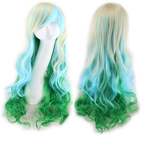 Harajuku ita Blue Pink Ombre Hair Wigs For Women Cheap Anime Cosplay Long Wavy Synthetic Wig With Bangs For Costume Party OneSize blondebluegreen von RUIRUICOS