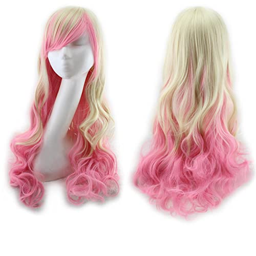 Harajuku ita Blue Pink Ombre Hair Wigs For Women Cheap Anime Cosplay Long Wavy Synthetic Wig With Bangs For Costume Party OneSize blondepink von RUIRUICOS