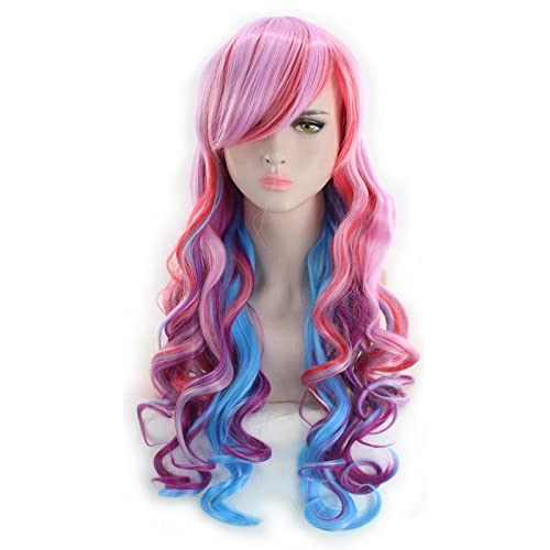 Harajuku ita Long Wavy Rainbow Wig With Bangs Synthetic Hair Cosplay Costume Party Colored Wigs For Women 65cm OneSize colorful1 von RUIRUICOS