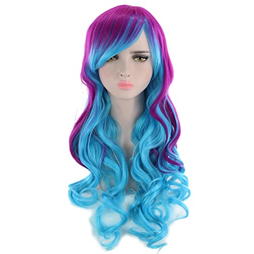 Harajuku ita Long Wavy Rainbow Wig With Bangs Synthetic Hair Cosplay Costume Party Colored Wigs For Women 65cm OneSize purpleblue von RUIRUICOS