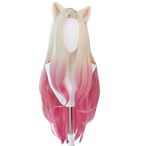 KDA Baddest Ahri Cosplay Wigs KDA Cosplay Blonde Mixed Pink Heat Resistant Synthetic Hair Pelucas + Wig Cap von RUIRUICOS