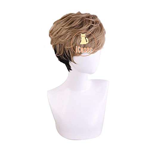 Killing Stalking Oh Sangwoo Cosplay Wig Brown Black Short Wig Two Tone Costume Cosplay Wig + Wig Cap Men Women Halloween Wig von RUIRUICOS