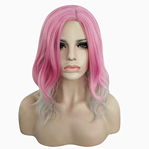 Medium Long Wavy Pink Silver Grey Ombre Cosplay Wig Synthetic Hair Halloween Costume Party Wigs For Women + Wig Cap von RUIRUICOS