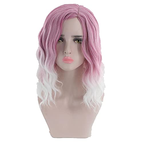 Medium Long Wavy Pink White Ombre Wig Synthetic Hair Natural ita Cosplay Wigs For Women High temperature Fiber Hairpiece von RUIRUICOS