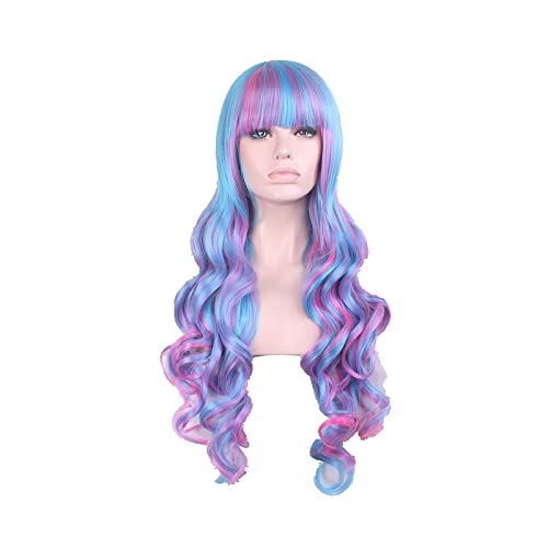 Mix Blue Pink Long Wavy Cosplay Wig Bangs Synthetic ita Hair Halloween Costume Party Wigs For Women High Temperature Fiber von RUIRUICOS
