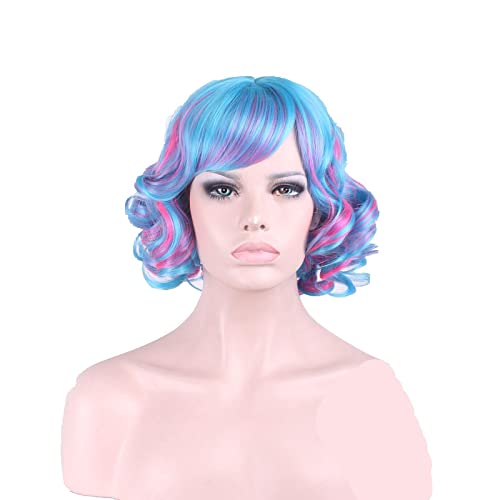 Mix Blue Pink Short Curly Wig With Bangs Halloween Costume Synthetic Hair Cosplay Wig For Women High Temperature von RUIRUICOS