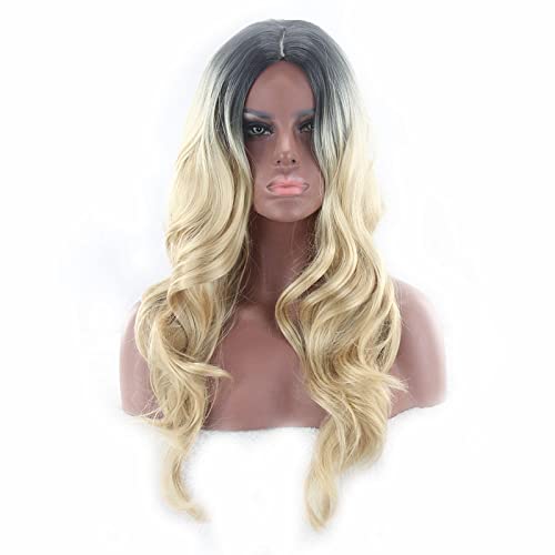 Two Tone Black Roots Long Wavy Black Grey Ombre Wig Synthetic Hair Natural Blue Pink Blonde Cosplay Wigs For Women OneSize blackblonde von RUIRUICOS