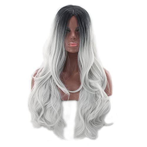 Two Tone Black Roots Long Wavy Black Grey Ombre Wig Synthetic Hair Natural Blue Pink Blonde Cosplay Wigs For Women OneSize blackgrey von RUIRUICOS