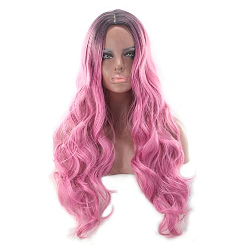 Two Tone Black Roots Long Wavy Black Grey Ombre Wig Synthetic Hair Natural Blue Pink Blonde Cosplay Wigs For Women OneSize pink von RUIRUICOS