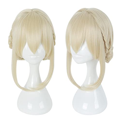 Violet Evergarden Ponytail Braid Buns Blonde Hair Heat Resistant Cosplay Costume Wig + Wig Cap + Ribbon von RUIRUICOS