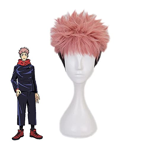 Yuji Itadori Cosplay Wig Anime Jujutsu Kaisen Black Pink Spiky Hair Heat Resistant Synthetic Hair with Wig Cap Men Party Wig von RUIRUICOS