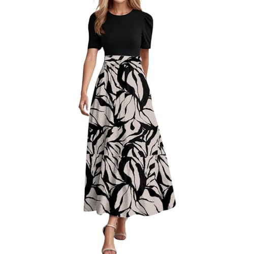 2025 Sommerkleid Damen Kurzarm Rundhals Midikleid Blumenkleid Elegant A-Linie Hohe Taille Strandkleid Mit GüRtel LäSsig Leicht Und Luftig Tunikakleid äRmellos Freizeitkleid von RUIRUILICO
