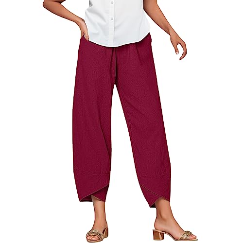 RUIRUILICO 7/8 Leinenhose Damen Leichte Sommer Hose mit Taschen Weite Beine Strandhose Baumwolle Leinen Stoffhose High Waist Loose Fit Haremshose Baggy Atmungsaktiv Freizeithose Caprihose S-5XL von RUIRUILICO