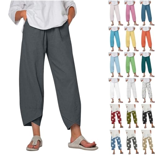 RUIRUILICO 7/8 Leinenhose Damen Leichte Sommerhosen Weite Beine Strandhose mit Elastischem Bund Baumwolle Leinen Stoffhose Baggy Haremshose Lässige Einfarbig Freizeithose Loungehose mit Taschen von RUIRUILICO