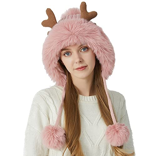 RUIRUILICO Damen Merino Wollmütze Weihnachten Kawaii Mütze mit Geweih Winter Verdicken Plüsch Warme Mützen mit Bommel Weicht Bequeme Beanie Mütze von RUIRUILICO