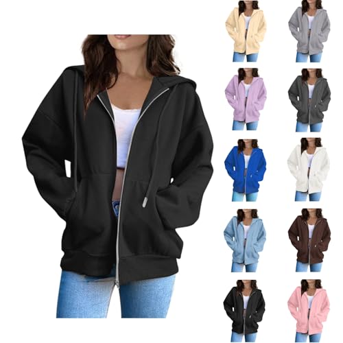 RUIRUILICO Damen Sweatjacke Baumwoll Reissverschluss Sweatshirtjacke Mit Kapuze Herbst Kapuzenjacke Oversize Y2k Langarm Casual Zipper Sportjacke von RUIRUILICO