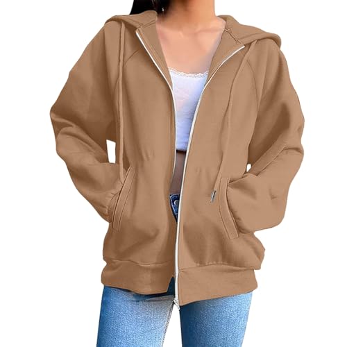 RUIRUILICO Damen Sweatjacke Baumwoll Reissverschluss Sweatshirtjacke Mit Kapuze Herbst Kapuzenjacke Oversize Y2k Langarm Casual Zipper Sportjacke von RUIRUILICO