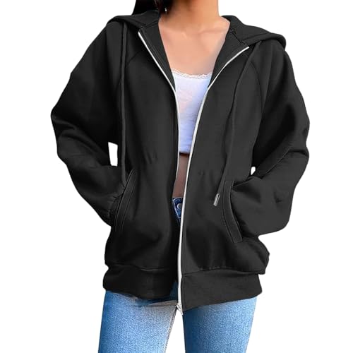 RUIRUILICO Damen Sweatjacke Baumwoll Reissverschluss Sweatshirtjacke Mit Kapuze Herbst Kapuzenjacke Oversize Y2k Langarm Casual Zipper Sportjacke von RUIRUILICO